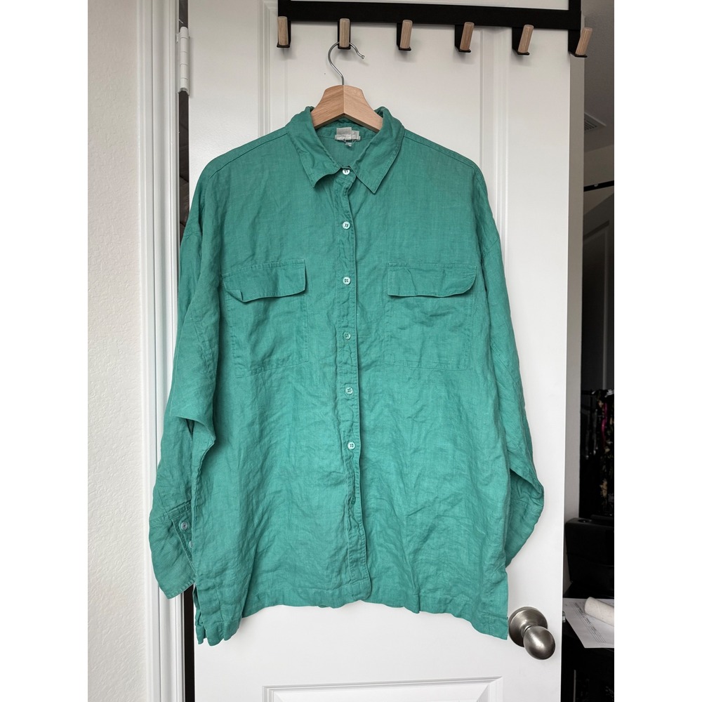 Neiman Marcus Vintage 100% Linen Button Down Shirt Green Teal Oversized Airy14